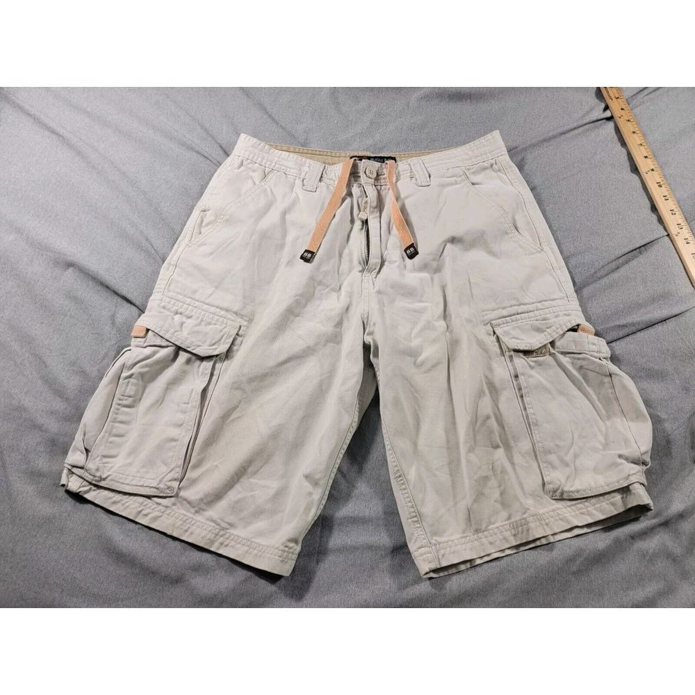 VINTAGE Bugle Boy Cargo Heavy Twill Cotton Shorts‎ Mens 33x11 Beige Baggy Y2K